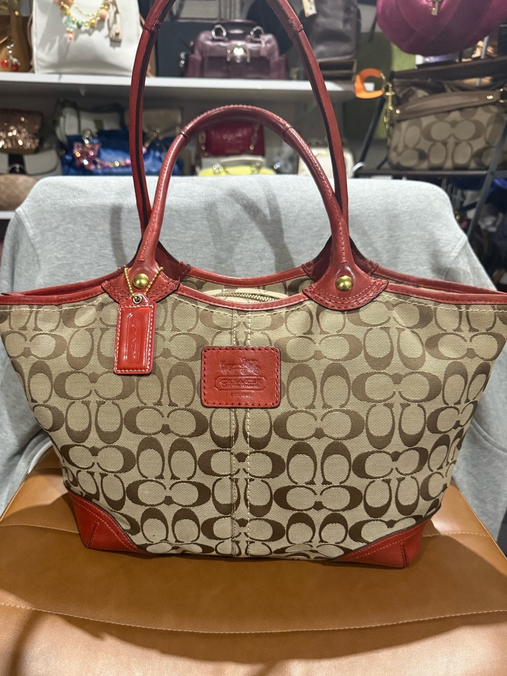 Coach Khaki Signature Canvas Bleecker Y2K Shoulder Bag in Coral/Orange color